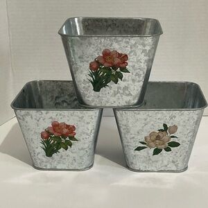 3 Metal Decorative Planters Flower Pots Floral Design